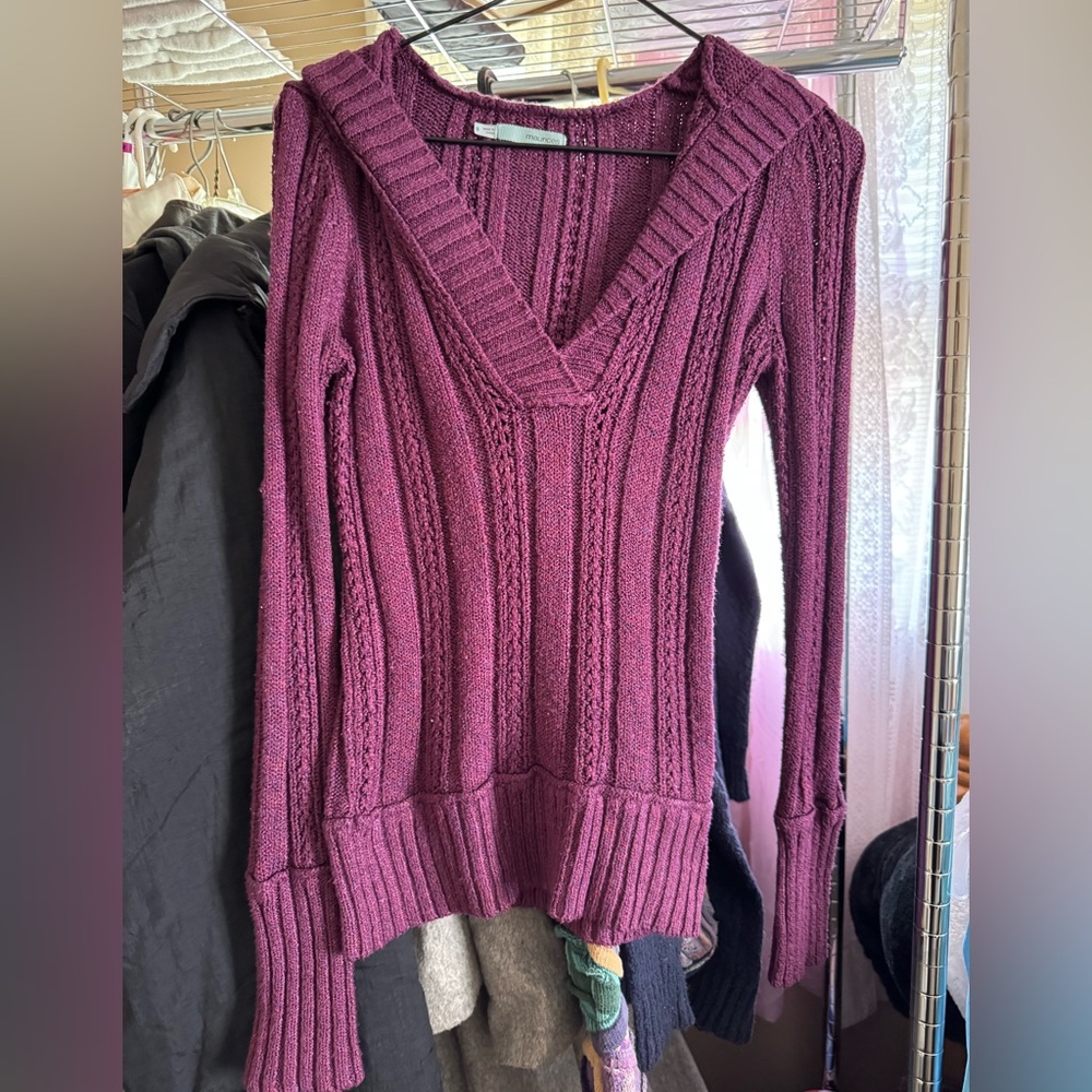 Purple knit v neck sweater with hood